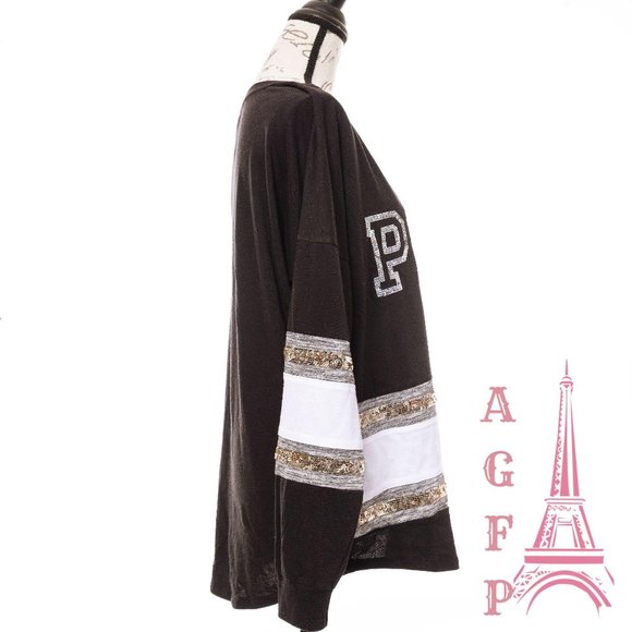 PINK VS bling Logo sequin Varsity black V neck Top - Picture 4 of 10